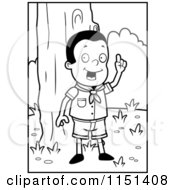 Cartoon Clipart Of A Black And White Knowledgeable Cub Scout Boy In The Woods Vector Outlined Coloring Page by Cory Thoman