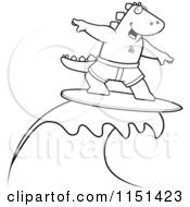 Cartoon Clipart Of A Black And White Surfing Dinosaur Riding A Wave Vector Outlined Coloring Page