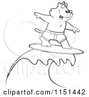Cartoon Clipart Of A Black And White Surfing Cat Vector Outlined Coloring Page