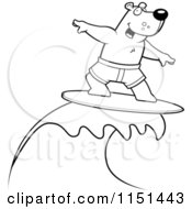 Cartoon Clipart Of A Black And White Surfing Bear Riding A Wave Vector Outlined Coloring Page