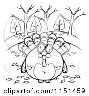 Cartoon Clipart Of A Black And White Turkey Bird Surrounded By Autumn Leaves Vector Outlined Coloring Page by Cory Thoman