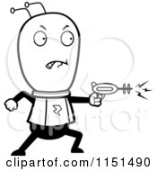 Cartoon Clipart Of A Black And White Space Alien Shooting A Gun Vector Outlined Coloring Page