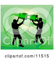 Poster, Art Print Of Two Businessmen Working Together To Connect A Plug And Socket Over Green