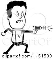 Cartoon Clipart Of A Black And White Angry Space Ranger Using A Ray Gun Vector Outlined Coloring Page