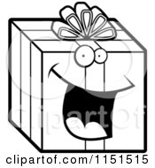 Cartoon Clipart Of A Black And White Happy Smiling Present Vector Outlined Coloring Page