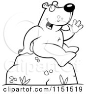 Cartoon Clipart Of A Black And White Friendly Bear Sitting On A Boulder And Waving Vector Outlined Coloring Page
