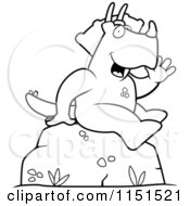 Cartoon Clipart Of A Black And White Sitting And Waving Triceratops Vector Outlined Coloring Page