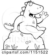 Cartoon Clipart Of A Black And White Friendly Dinosaur Sitting And Waving Vector Outlined Coloring Page