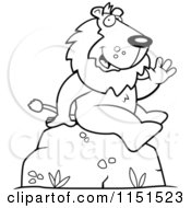 Cartoon Clipart Of A Black And White Friendly Lion Sitting And Waving Vector Outlined Coloring Page
