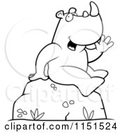 Cartoon Clipart Of A Black And White Friendly Rhino Sitting On A Boulder And Waving Vector Outlined Coloring Page