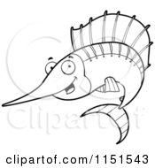 Cartoon Clipart Of A Black And White Happy Sailfish Vector Outlined Coloring Page