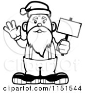 Cartoon Clipart Of A Black And White Santa Waving And Holding A Sign Vector Outlined Coloring Page