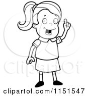 Cartoon Clipart Of A Black And White Smart School Girl With An Idea Vector Outlined Coloring Page