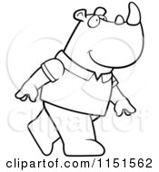 Cartoon Clipart Of A Black And White Rhino Wearing A Shirt And Walking Upright Vector Outlined Coloring Page