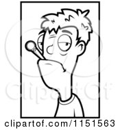 Cartoon Clipart Of A Black And White Sick Man With A Thermometer In His Mouth Vector Outlined Coloring Page