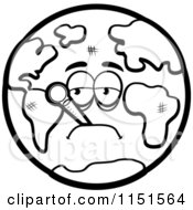 Cartoon Clipart Of A Black And White Sick Earth With A Thermometer Vector Outlined Coloring Page