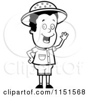 Cartoon Clipart Of A Black And White Safari Boy Waving Vector Outlined Coloring Page