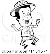 Cartoon Clipart Of A Black And White Safari Boy Jumping Vector Outlined Coloring Page