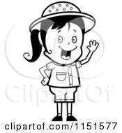 Cartoon Clipart Of A Black And White Waving Happy Safari Girl Vector Outlined Coloring Page