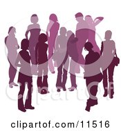 Purple Group Of Silhouetted People Hanging Out In A Crowd Two Friends Embracing In The Middle Clipart Illustration