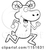 Cartoon Clipart Of A Black And White Happy Running Ram Vector Outlined Coloring Page
