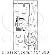 Cartoon Clipart Of A Black And White Rapunzel With Her Hair Hanging Down A Tower Vector Outlined Coloring Page by Cory Thoman