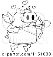Cartoon Clipart Of A Black And White Cupid Pig Vector Outlined Coloring Page