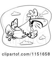 Cartoon Clipart Of A Black And White Noisy Rooster Flying Vector Outlined Coloring Page