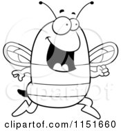Cartoon Clipart Of A Black And White Happy Bee Running Vector Outlined Coloring Page