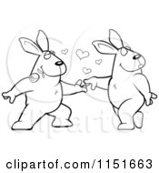 Cartoon Clipart Of A Black And White Amorous Rabbit Character Biting A Rose And Dancing With A Female Vector Outlined Coloring Page