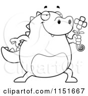 Cartoon Clipart Of A Black And White Plump Lizard Smelling A Flower Vector Outlined Coloring Page