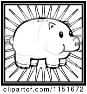 Cartoon Clipart Of A Black And White Piggy Bank Over Rays Vector Outlined Coloring Page