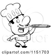 Cartoon Clipart Of A Black And White Pizzeria Chef Walking With A Pizza Pie On A Platter Vector Outlined Coloring Page