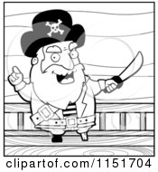 Cartoon Clipart Of A Black And White Male Pirate Gesturing With A Sword On A Ship Vector Outlined Coloring Page