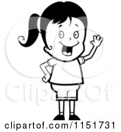 Cartoon Clipart Of A Black And White Girl Smiling And Waving Vector Outlined Coloring Page