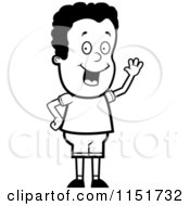 Cartoon Clipart Of A Black And White Friendly Waving Boy Vector Outlined Coloring Page