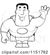 Cartoon Clipart Of A Black And White Super Man Waving Vector Outlined Coloring Page