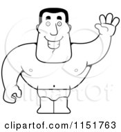 Cartoon Clipart Of A Black And White Strong Lifeguard Man Waving Vector Outlined Coloring Page
