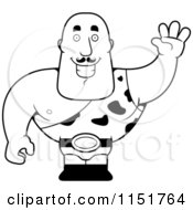 Cartoon Clipart Of A Black And White Waving Strong Man In A Spotted Outfit Vector Outlined Coloring Page
