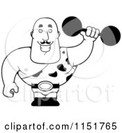 Cartoon Clipart Of A Black And White Strongman Holding A Dumbbell Vector Outlined Coloring Page