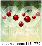 Clipart Of 3d Red Christmas Baubles Suspended From A Tree Branch Over Green Sparkles And Snowflakes Royalty Free Vector Illustration