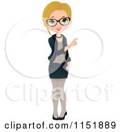Clipart Of A Blond White Woman Wearing Glasses And Pointing Royalty Free Vector Illustration by Melisende Vector