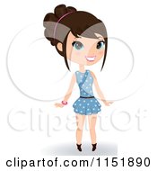 Clipart Of A Happy Brunette Woman In A Blue Polka Dot Dress Royalty Free Vector Illustration