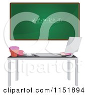 Clipart Of A Math Chalkboard And Teachers Desk With A Computer Royalty Free Vector Illustration by Melisende Vector