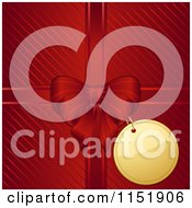 Clipart Of A 3d Gold Gift Tag And Red Bow Over Diagonal Stripes Royalty Free Vector Illustration by elaineitalia