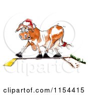 Clipart Of A Christmas Cow Wearing A Santa Hat And Crossing A Road Royalty Free Vector Clipart