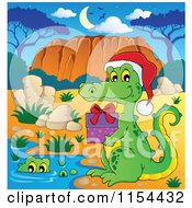 Cartoon Of A Christmas Crocodile Holding A Gift Out To Another Royalty Free Vector Illustration