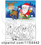 Poster, Art Print Of Colored And Outlined Scene Of Santa And Rudolph With The Sleigh