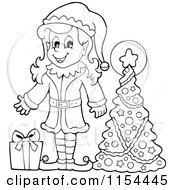 Cartoon Of An Outlined Happy Female Christmas Elf With A Gift By A Tree Royalty Free Vector Illustration