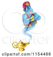 Cartoon Of A Happy Genie Emerging From A Magic Lamp Royalty Free Vector Illustration by AtStockIllustration